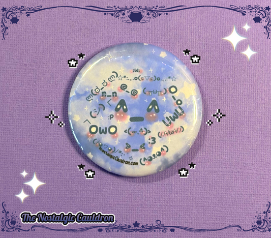 Round button badge with text and graphics on a purple background with decorative elements