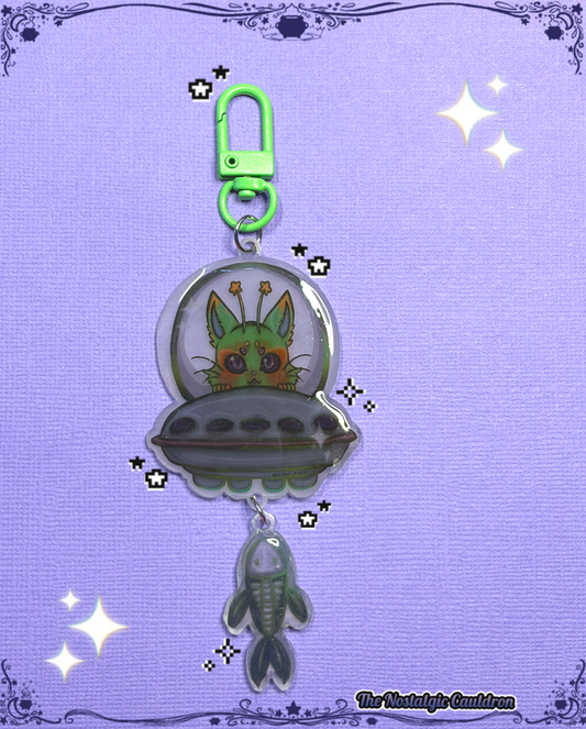 Alien Cat UFO Shrink Plastic Keychain