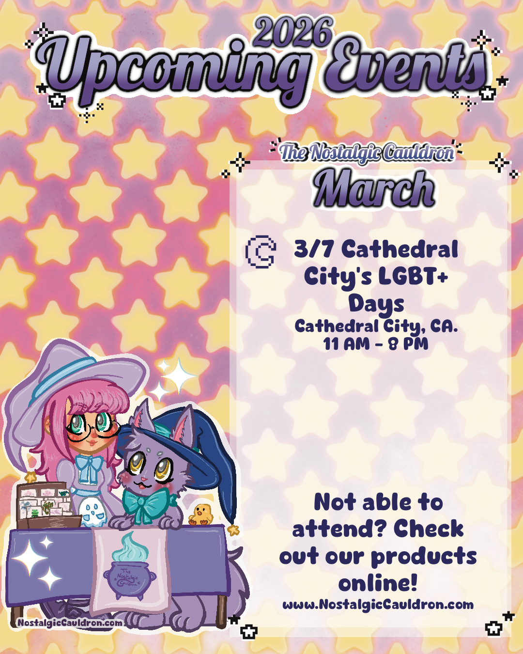 A starry background features upcoming event information that will be in the post and features a small image of a witchy Cheryl and her cat mascot Seraphina