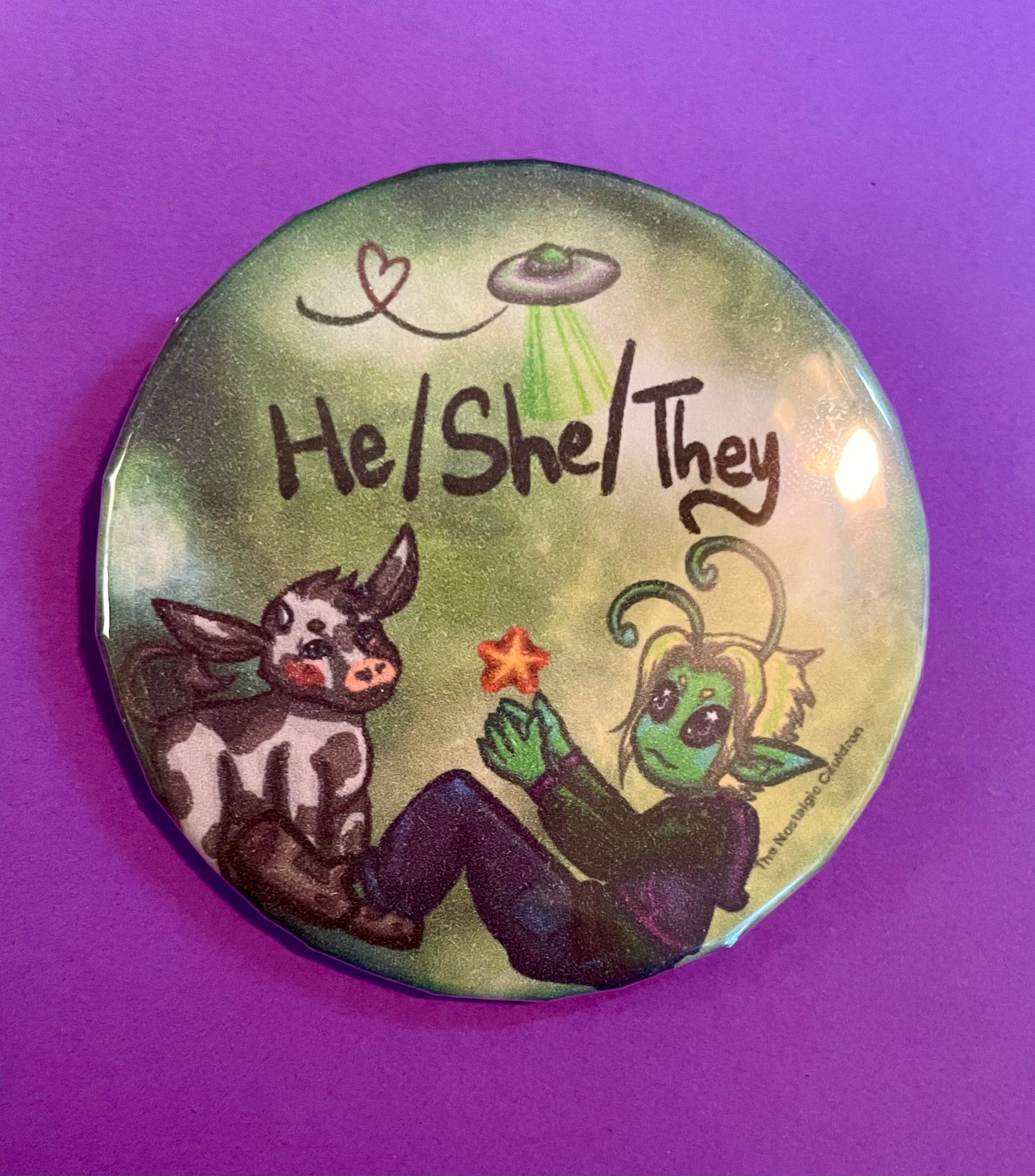 “He/She/They” - Alien Pronoun Pin-back button