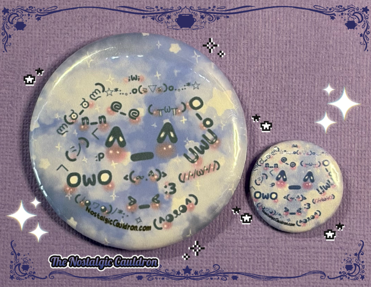 Two buttons with emoticon designs on a purple background with decorative elements.