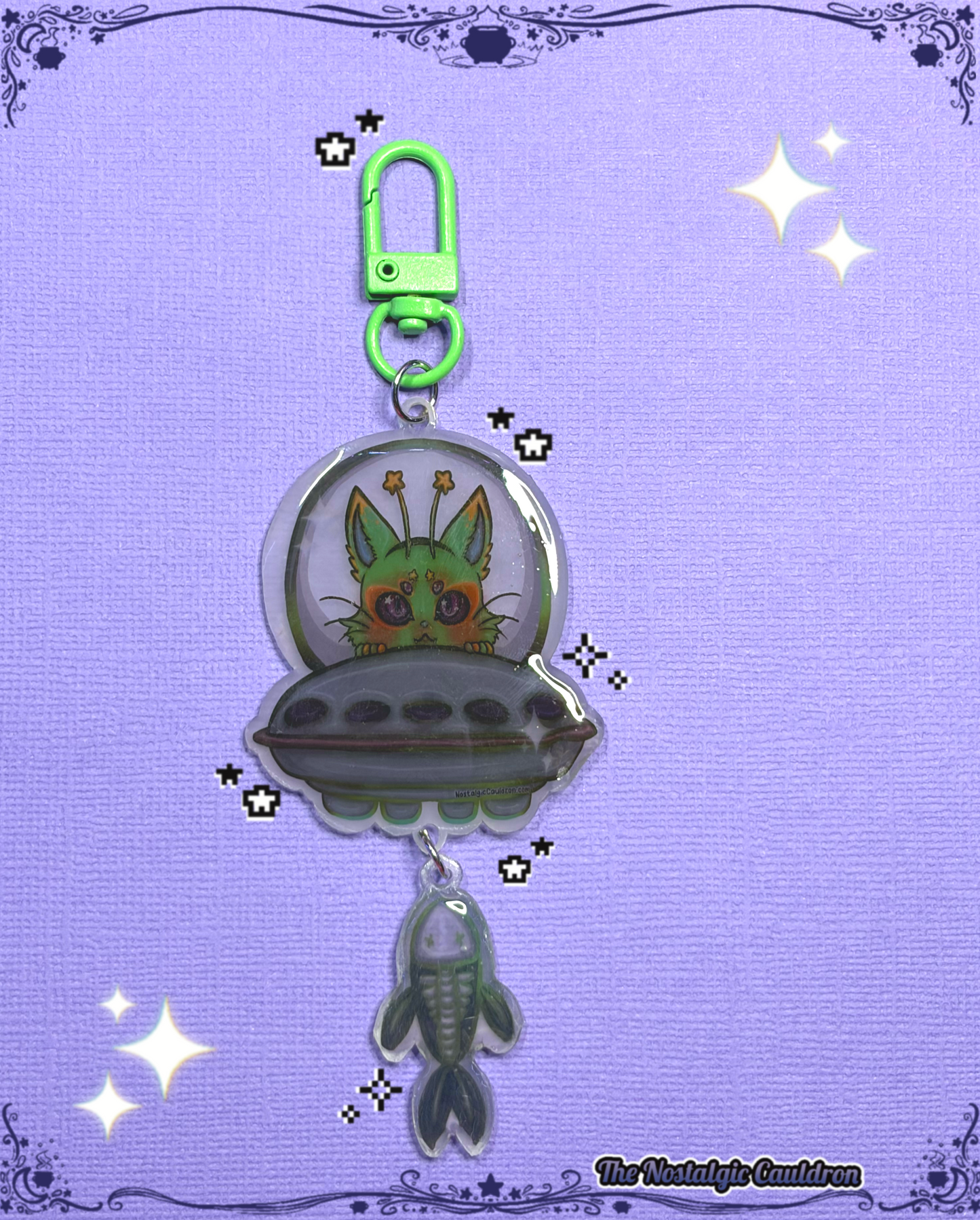 Alien Cat UFO Shrink Plastic Keychain