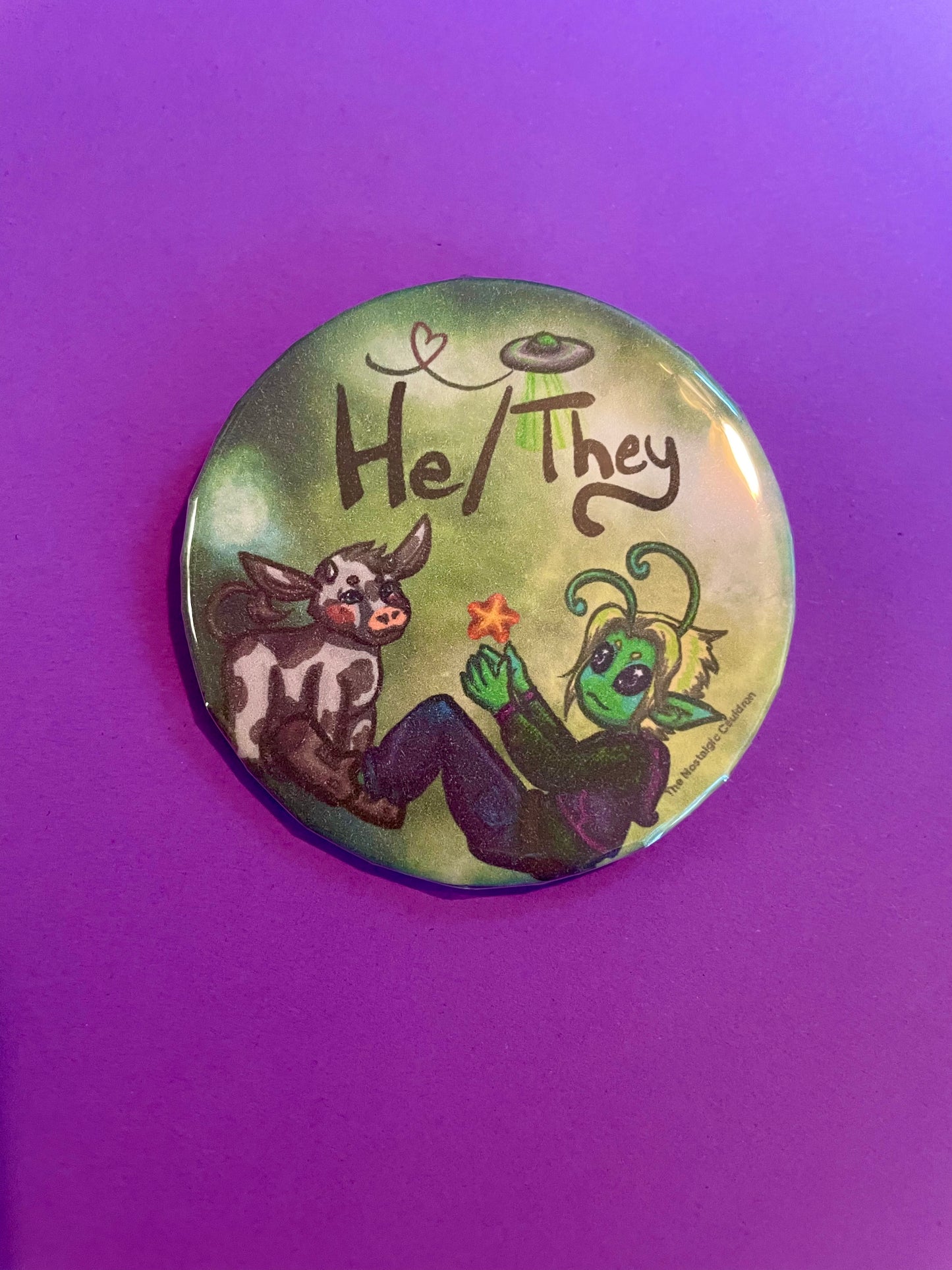 “He/They” - Alien Pronoun Pin-back button